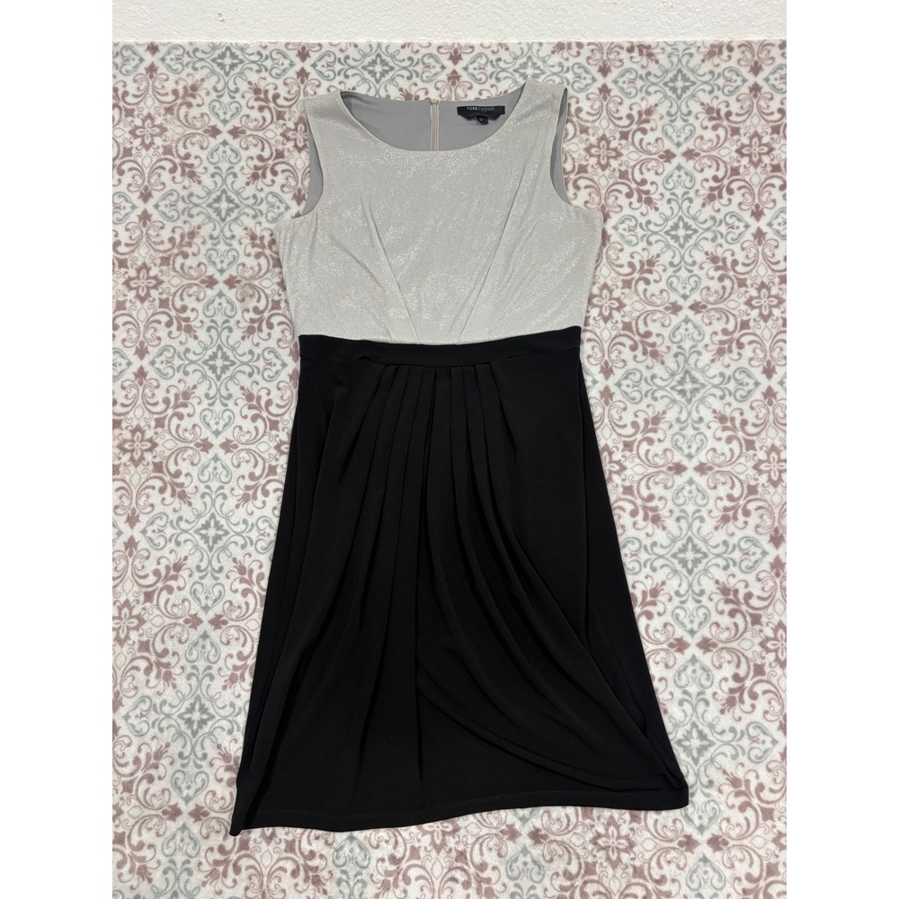 Pure Career Basics Silver Metallic Black Pleated Cocktail Dress Size 8 L